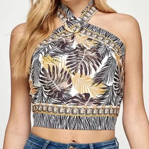 NEW with Tag Milk & Honey Black & Gold Palm Leaves Halter Crop Top | Sz Large